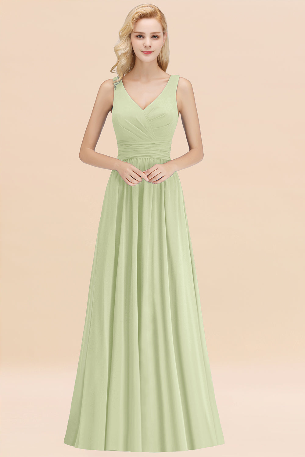 Modest Sleeveless V-Neck Long Chiffon Bridesmaid Dress Online with Ruffle