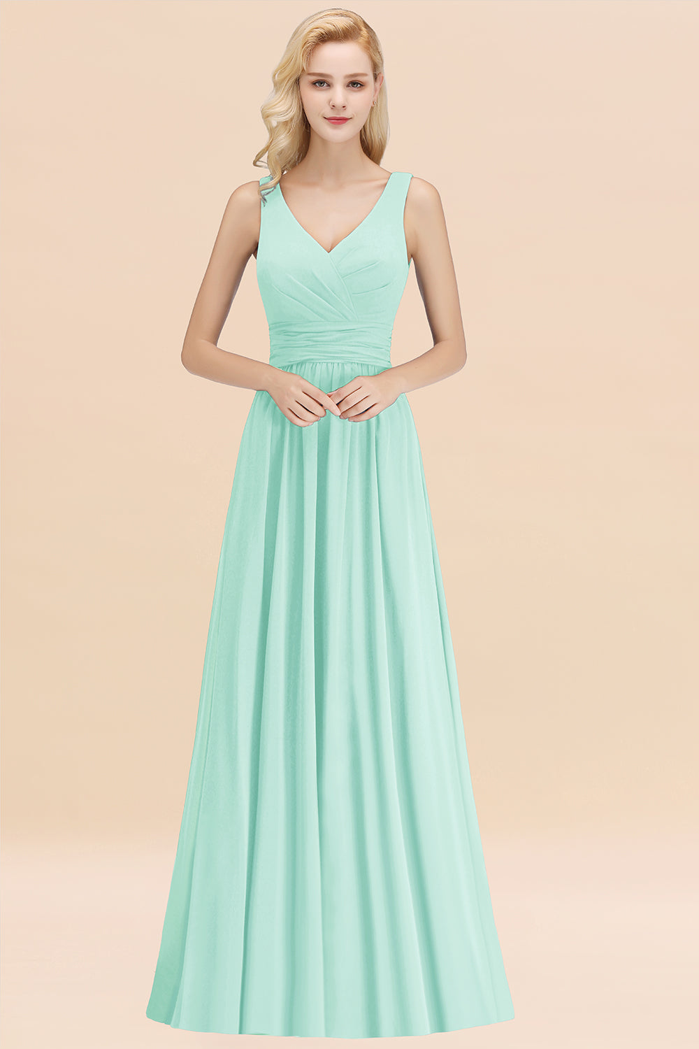 Modest Sleeveless V-Neck Long Chiffon Bridesmaid Dress Online with Ruffle