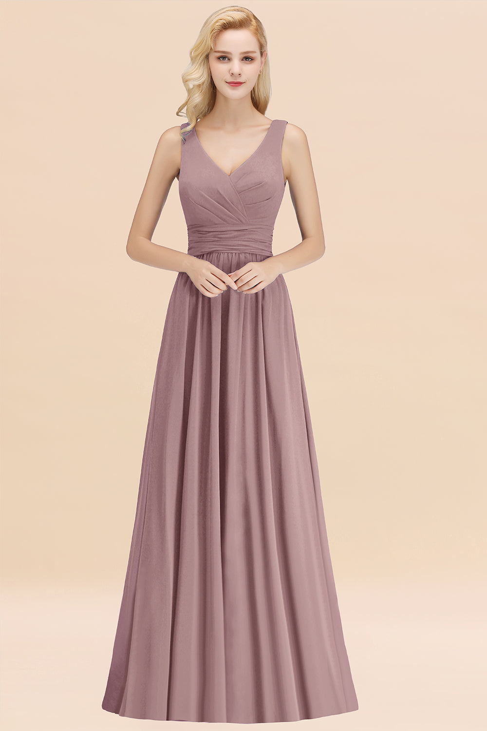 Modest Sleeveless V-Neck Long Chiffon Bridesmaid Dress Online with Ruffle