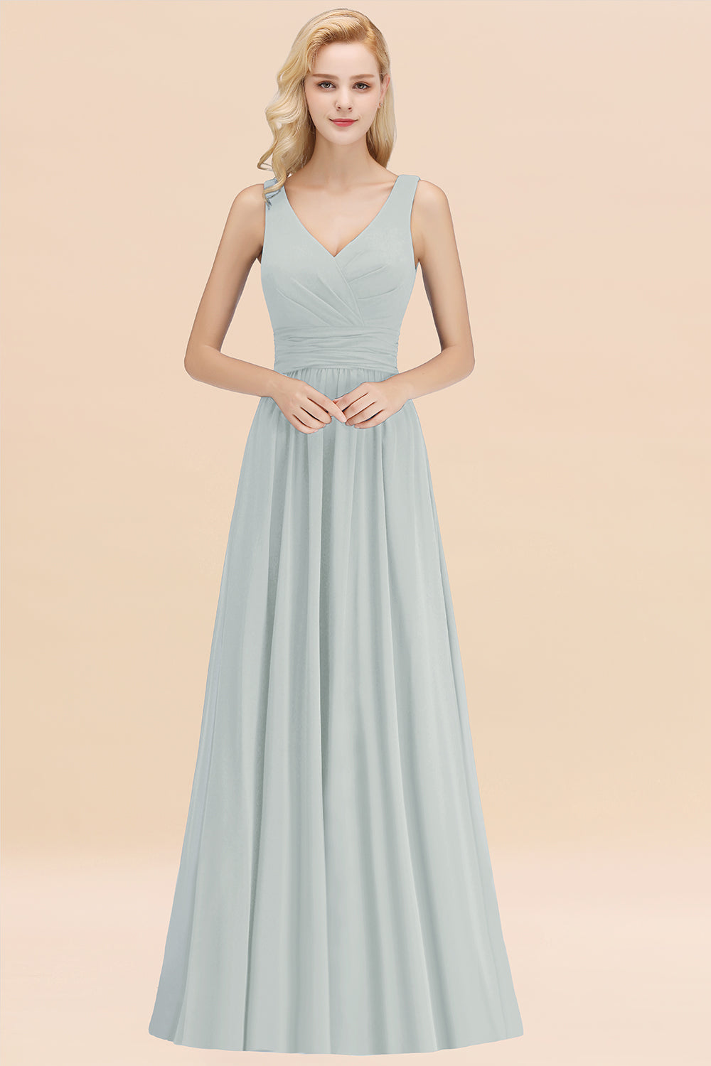 Modest Sleeveless V-Neck Long Chiffon Bridesmaid Dress Online with Ruffle