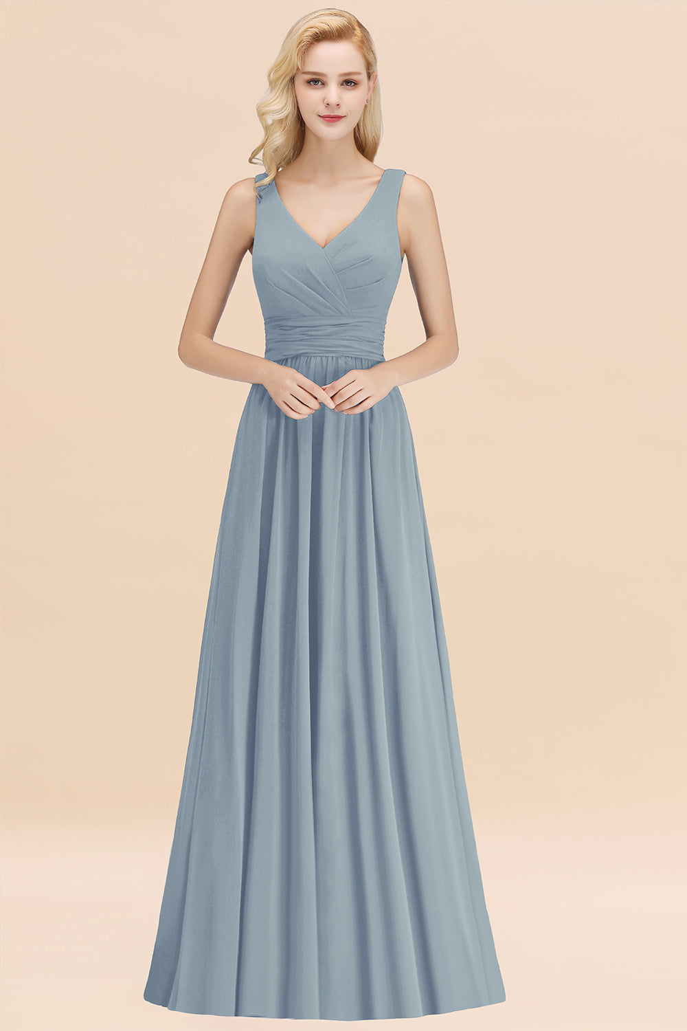 Modest Sleeveless V-Neck Long Chiffon Bridesmaid Dress Online with Ruffle