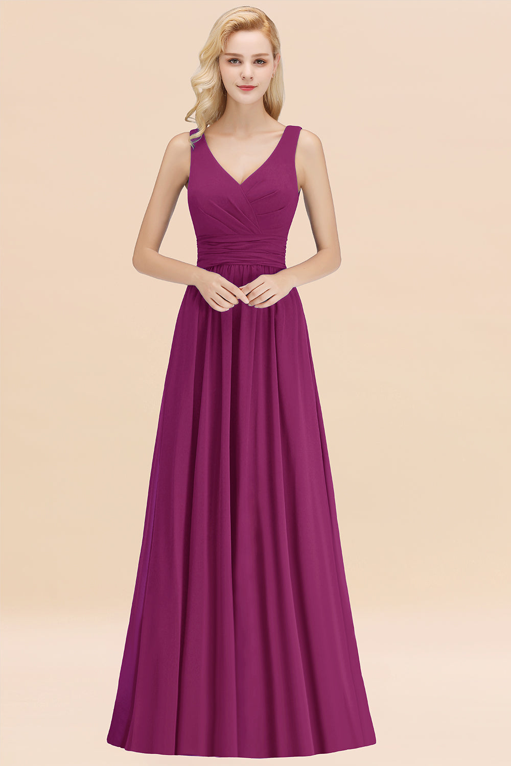 Modest Sleeveless V-Neck Long Chiffon Bridesmaid Dresses with Ruffle Newinlook Modest Sleeveless V-Neck Long Chiffon Bridesmaid Dresses with Ruffle Newinlook
