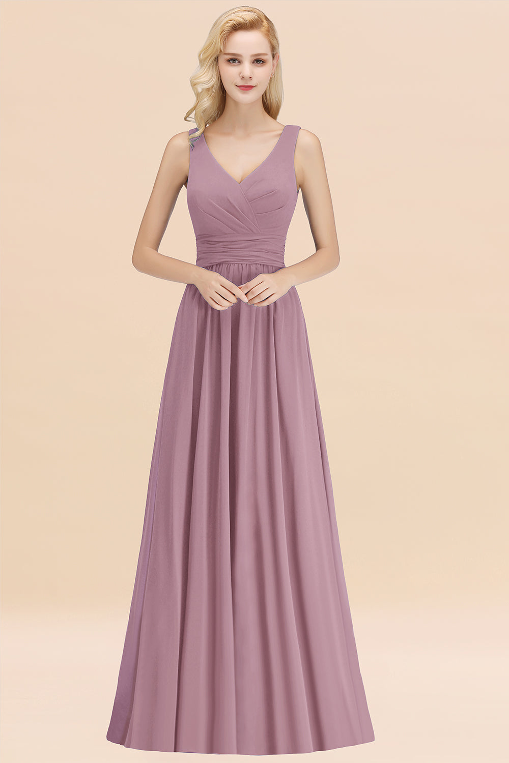 Modest Sleeveless V-Neck Long Chiffon Bridesmaid Dress Online with Ruffle