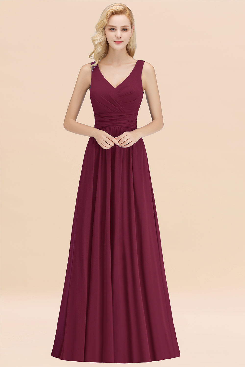 Modest Sleeveless V-Neck Long Chiffon Bridesmaid Dresses with Ruffle Newinlook Modest Sleeveless V-Neck Long Chiffon Bridesmaid Dresses with Ruffle Newinlook