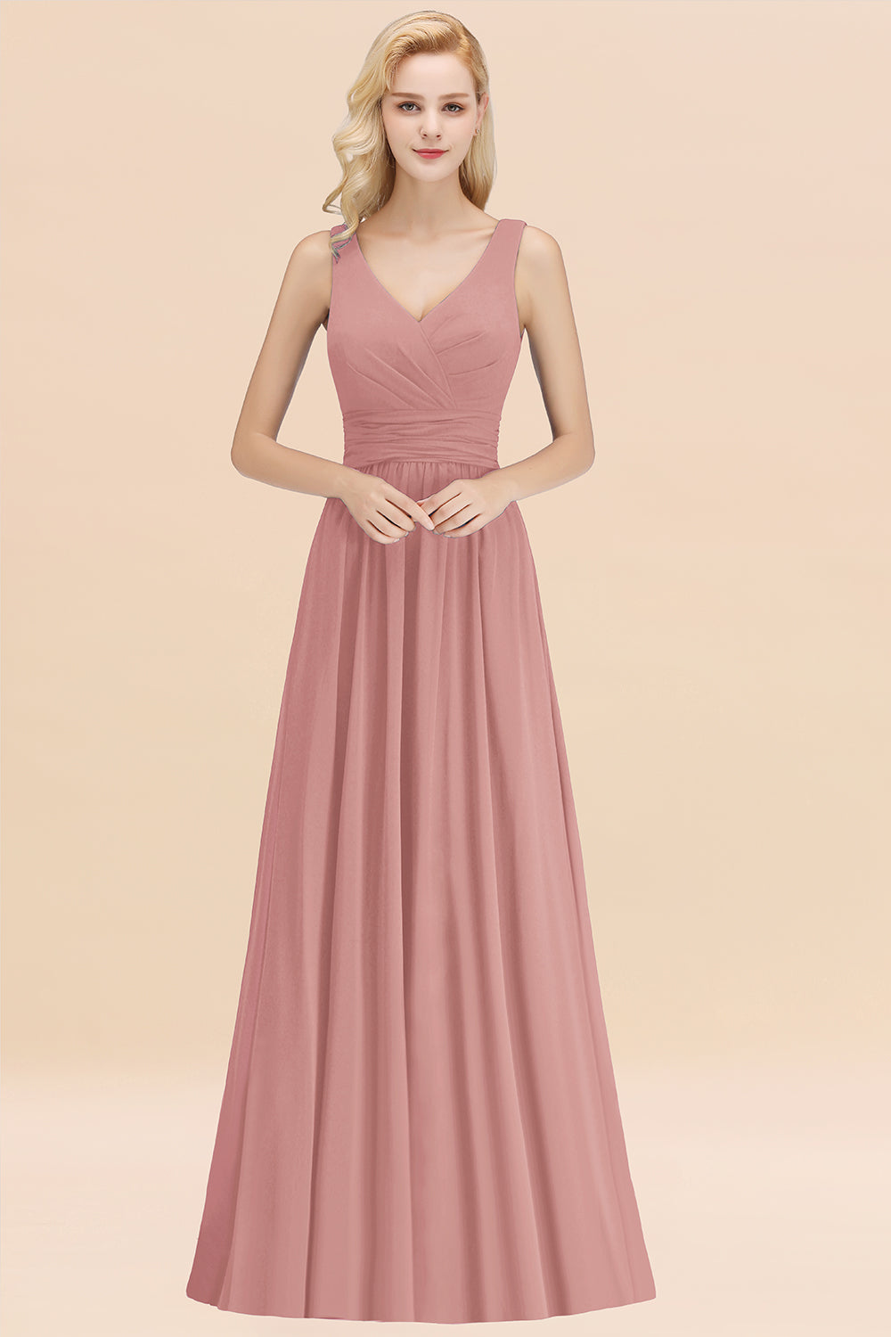 Modest Sleeveless V-Neck Long Chiffon Bridesmaid Dress Online with Ruffle