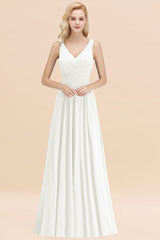 Modest Sleeveless V-Neck Long Chiffon Bridesmaid Dress Online with Ruffle