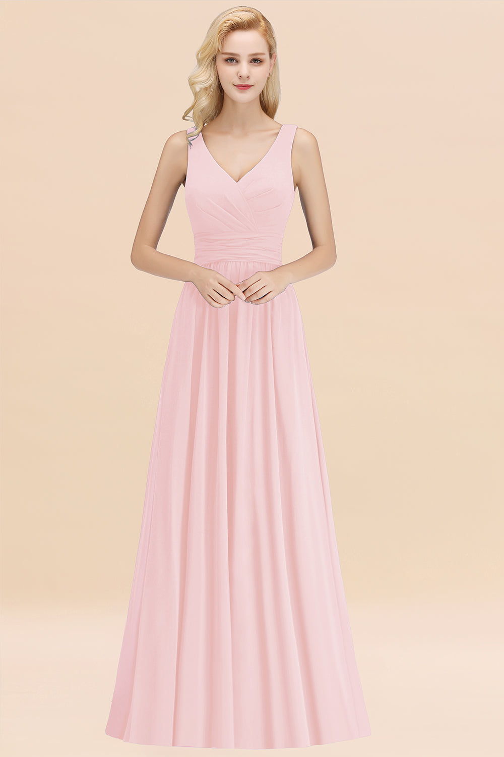Modest Sleeveless V-Neck Long Chiffon Bridesmaid Dress Online with Ruffle