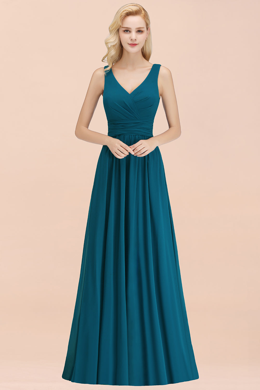 Modest Sleeveless V-Neck Long Chiffon Bridesmaid Dress Online with Ruffle