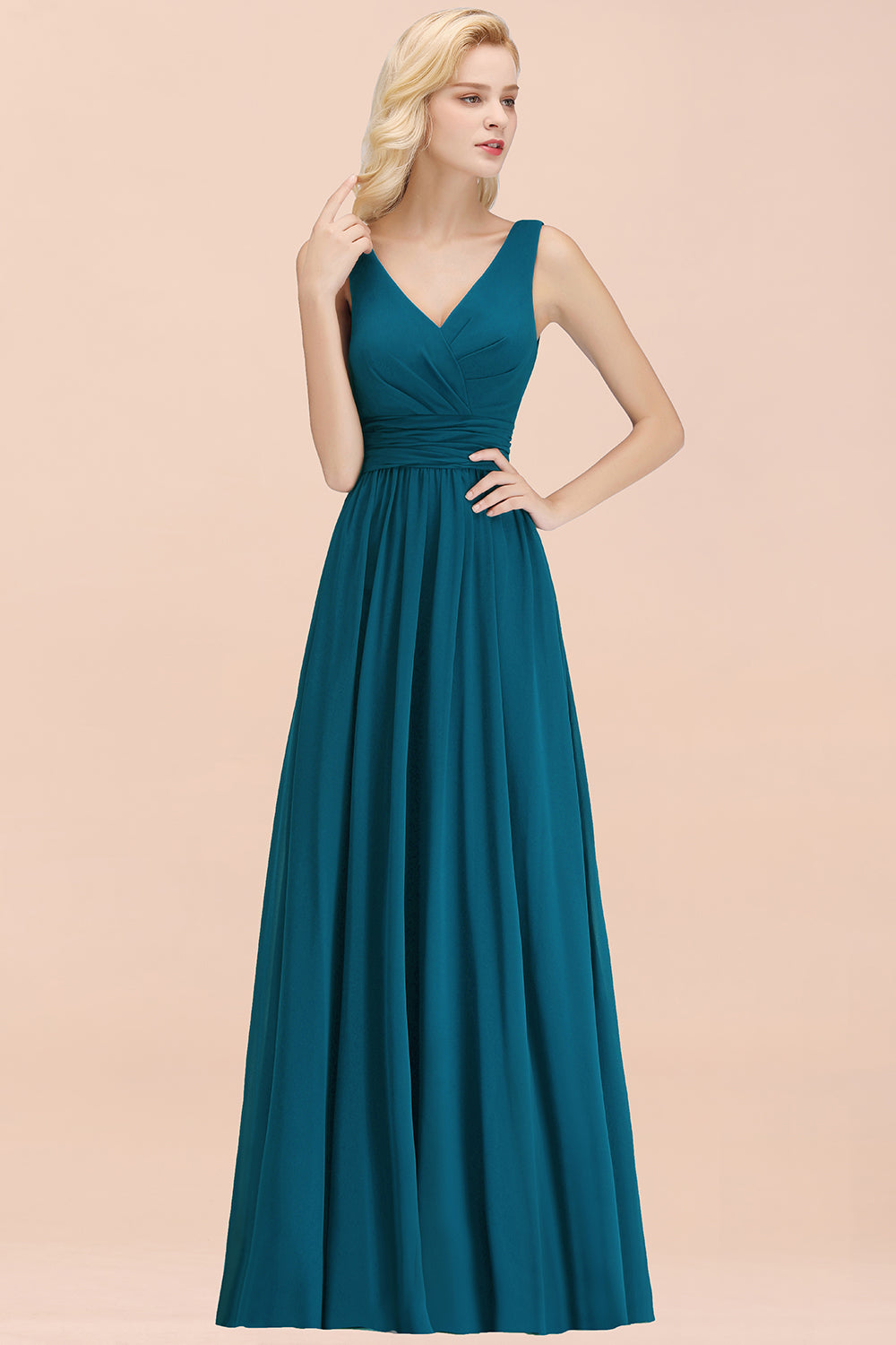 Modest Sleeveless V-Neck Long Chiffon Bridesmaid Dress Online with Ruffle