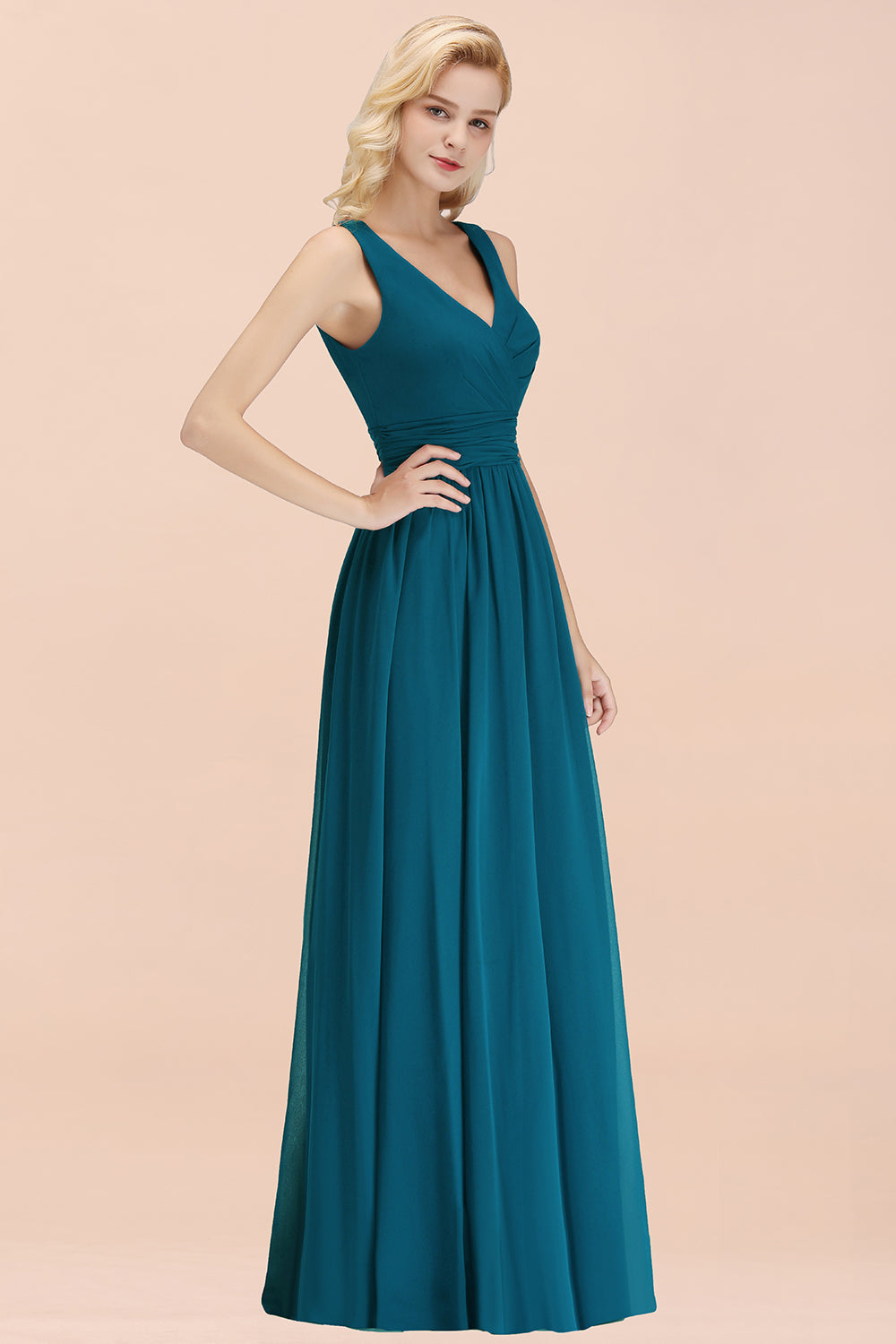 Modest Sleeveless V-Neck Long Chiffon Bridesmaid Dress Online with Ruffle