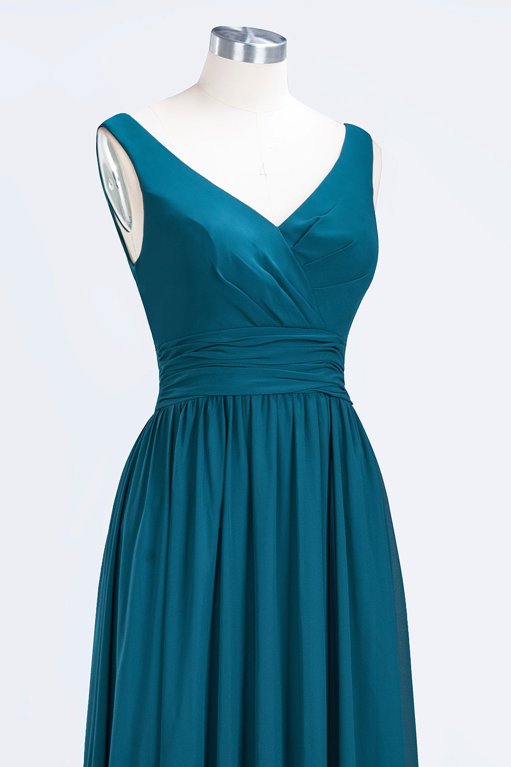 Modest Sleeveless V-Neck Long Chiffon Bridesmaid Dress Online with Ruffle