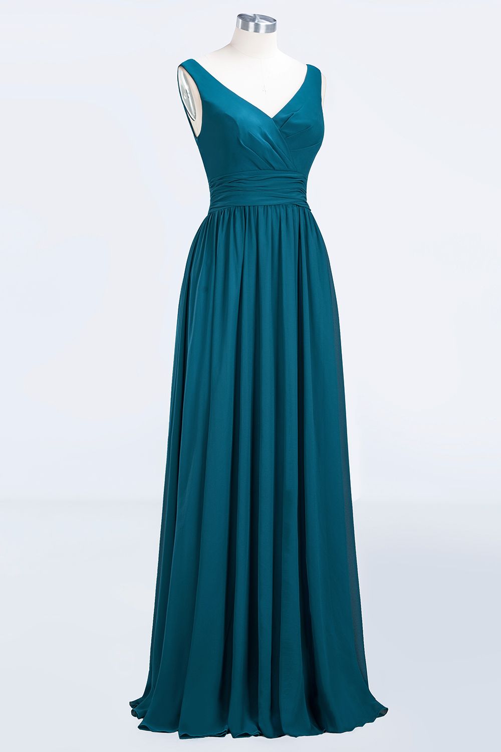 Modest Sleeveless V-Neck Long Chiffon Bridesmaid Dress Online with Ruffle