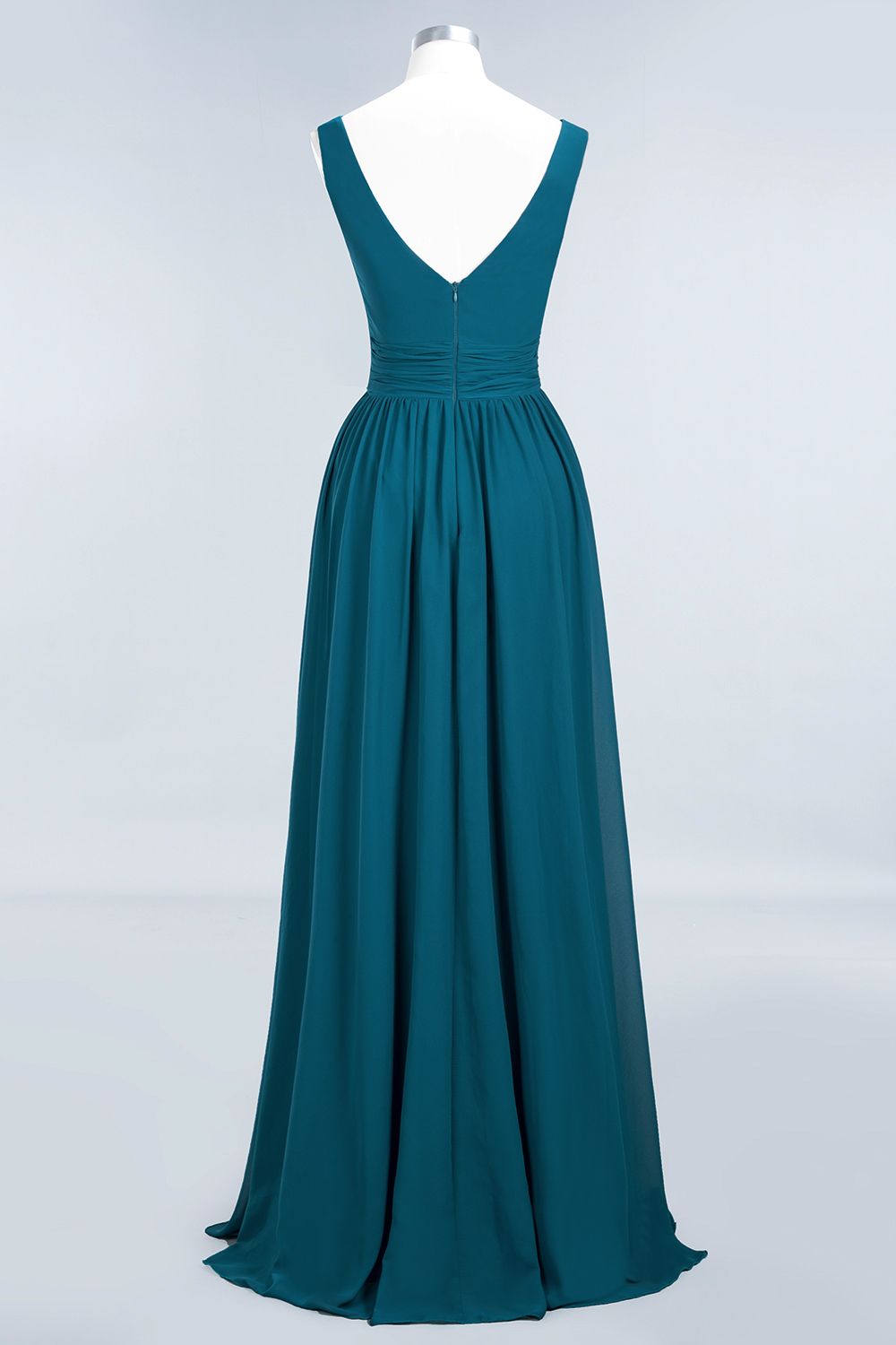 Modest Sleeveless V-Neck Long Chiffon Bridesmaid Dress Online with Ruffle