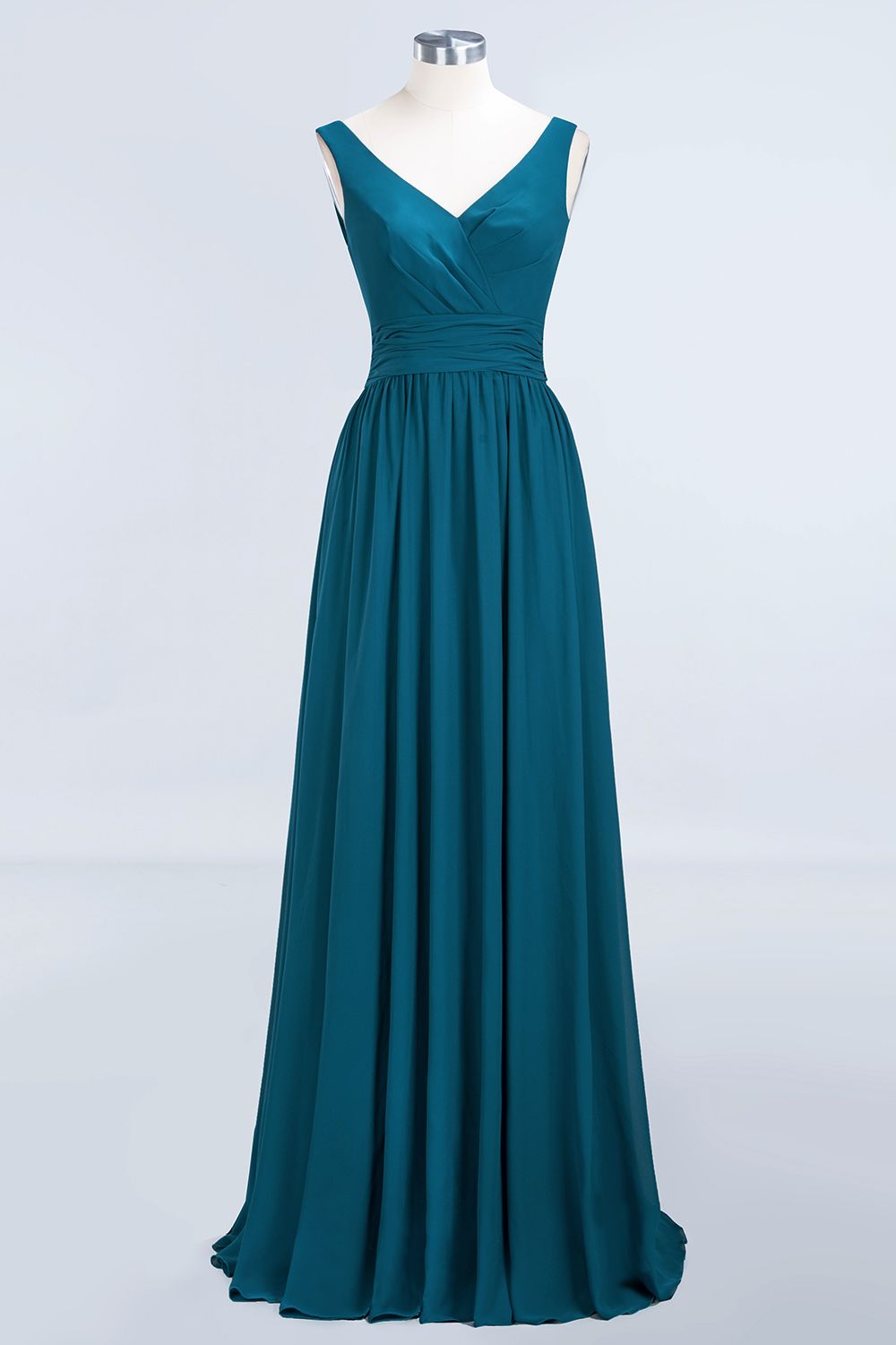 Modest Sleeveless V-Neck Long Chiffon Bridesmaid Dress Online with Ruffle
