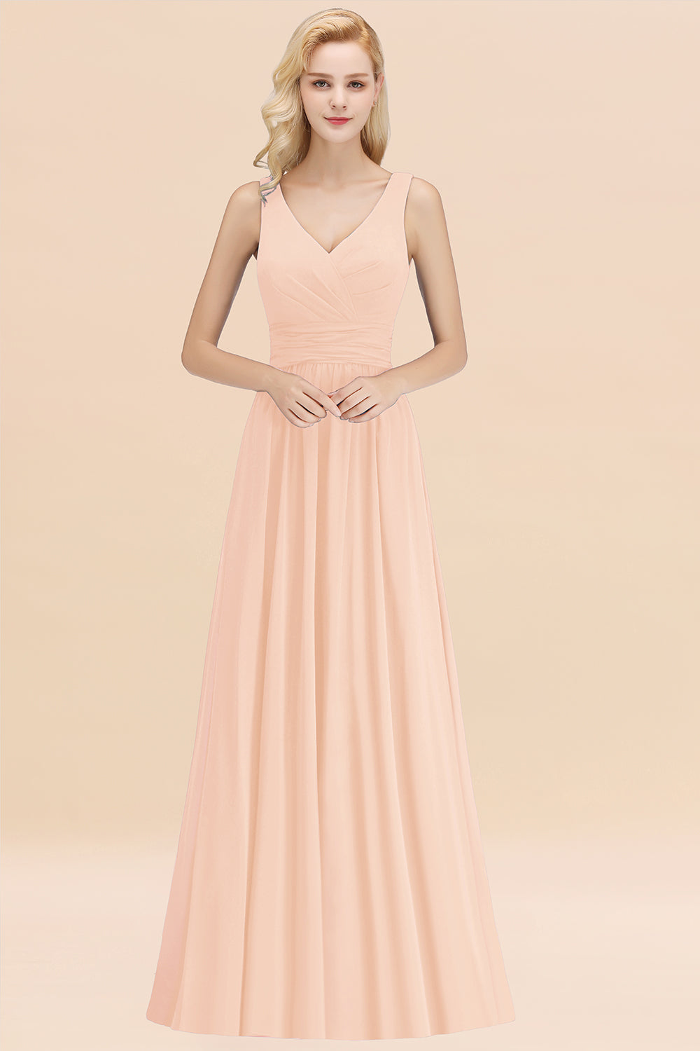 Modest Sleeveless V-Neck Long Chiffon Bridesmaid Dress Online with Ruffle