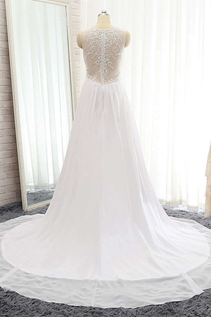 Modest Straps V-neck Sleeveless Wedding Dresses White Chiffon Bridal Gowns Online