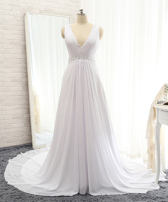Modest Straps V-neck Sleeveless Wedding Dresses White Chiffon Bridal Gowns Online