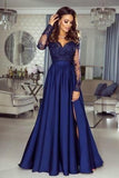 Navy Blue Long Sleeves Prom Dress Split With Appliques