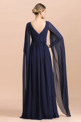 Navy Long Sleeve Chiffon Mother Of the Bride Dress With Ruffles Online