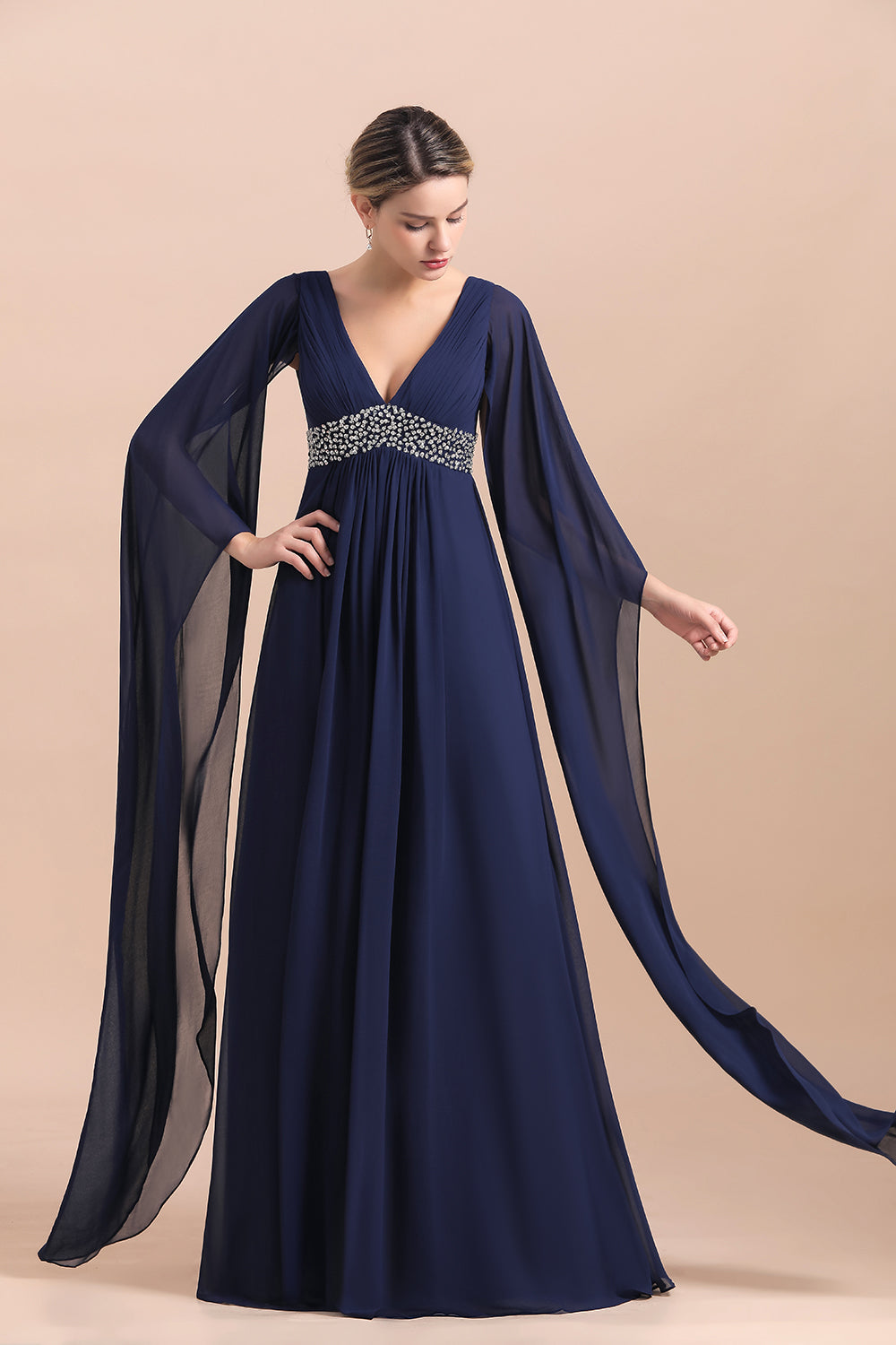 Navy Long Sleeve Chiffon Mother Of the Bride Dress With Ruffles Online