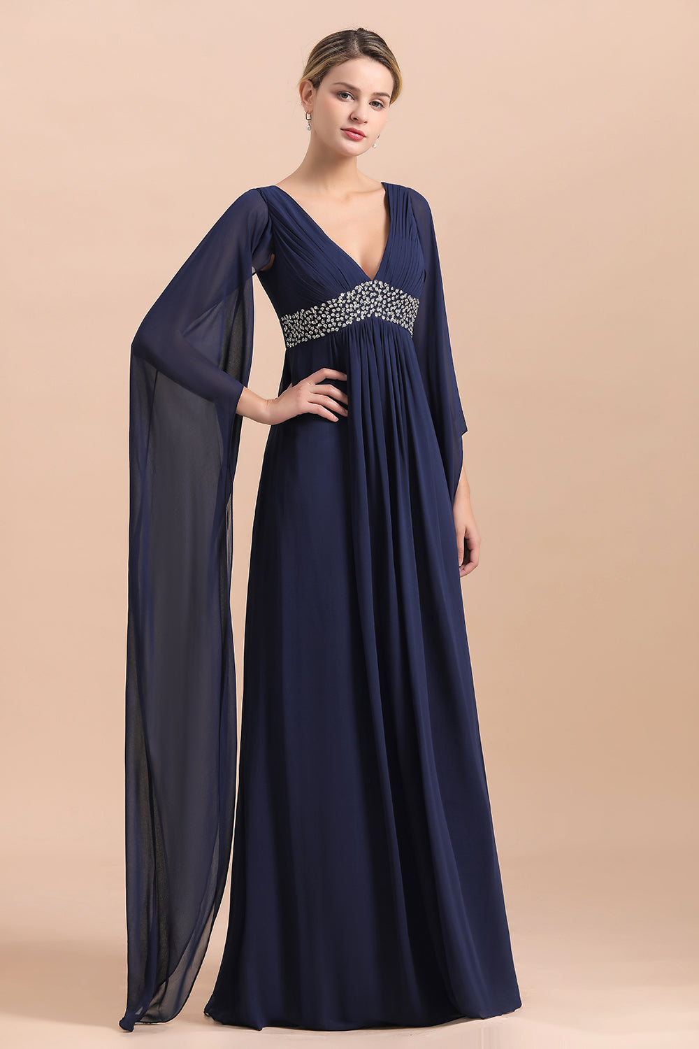 Navy Long Sleeve Chiffon Mother Of the Bride Dress With Ruffles Online