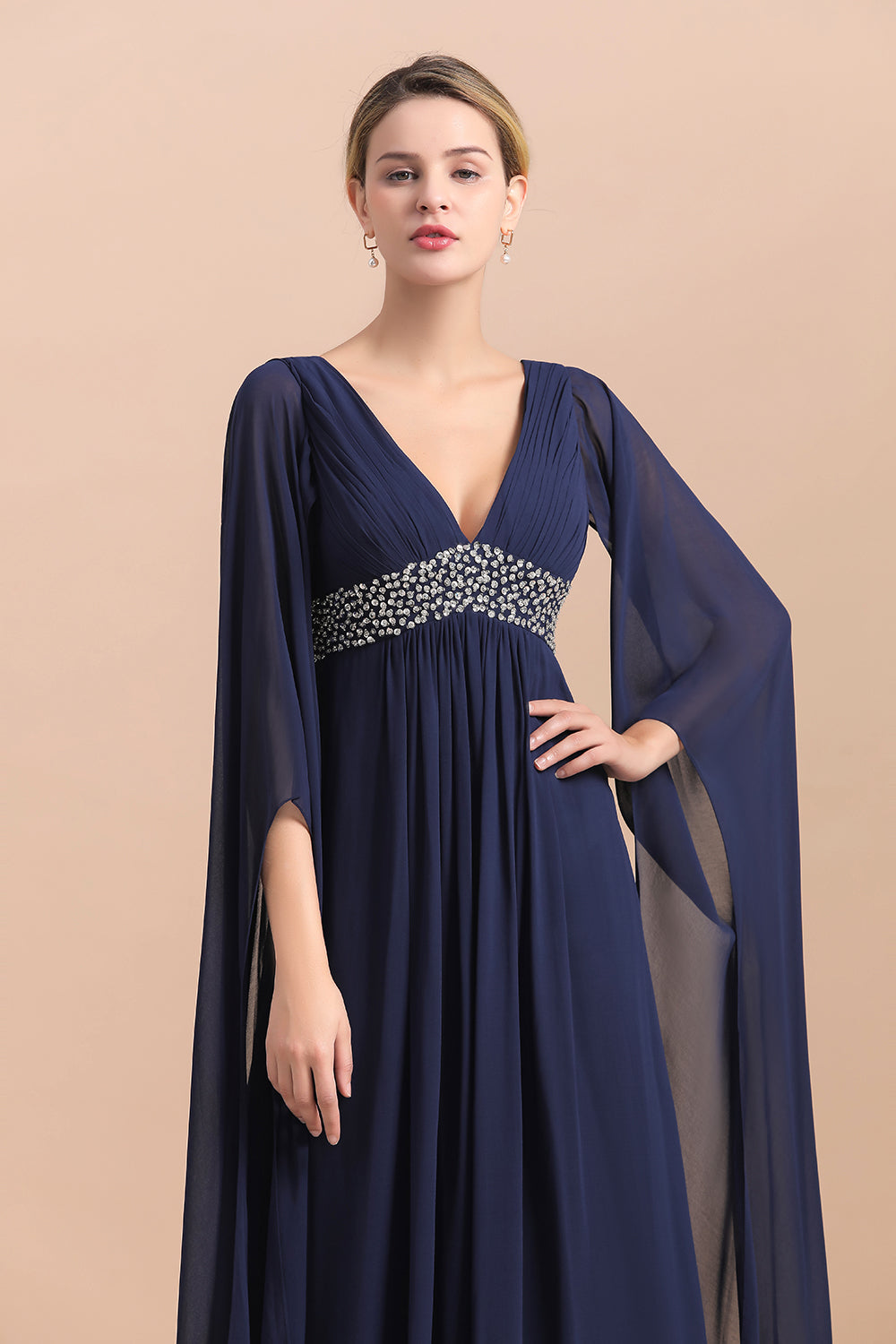 Navy Long Sleeve Chiffon Mother Of the Bride Dress With Ruffles Online