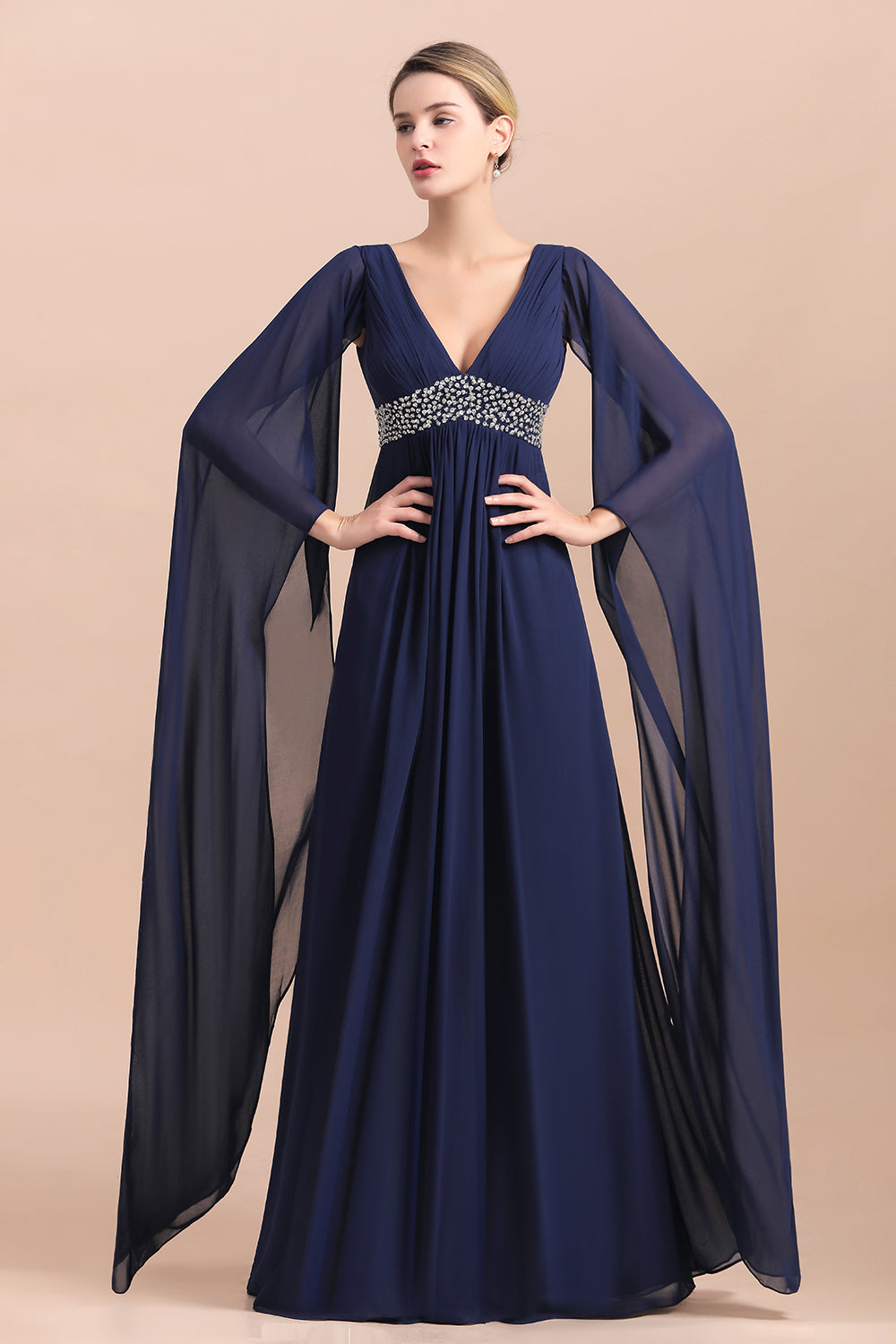 Navy Long Sleeve Chiffon Mother Of the Bride Dress With Ruffles Online