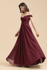 New Arrival A-line Off-the-shoulder Sweetheart Burgundy Long Bridesmaid Dress