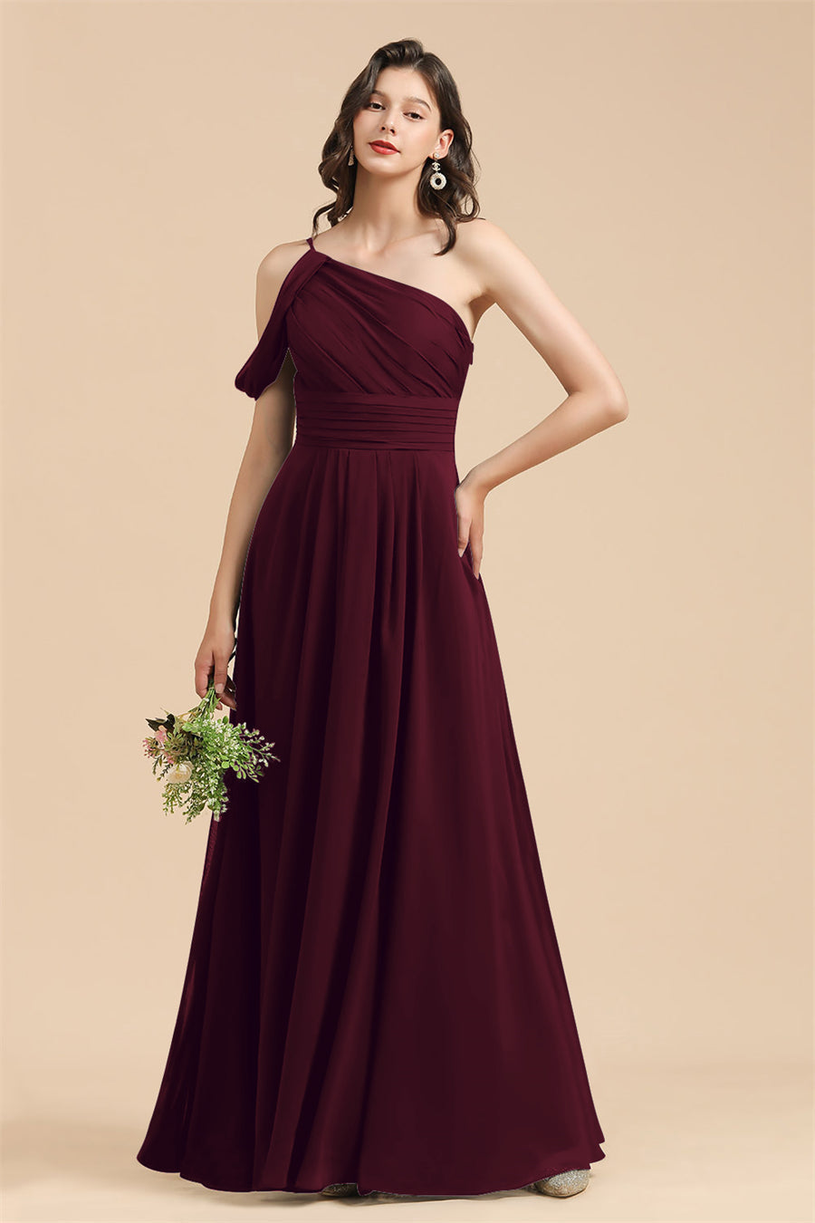 New Arrival Black One Shoulder A-line Long Bridesmaid Dress