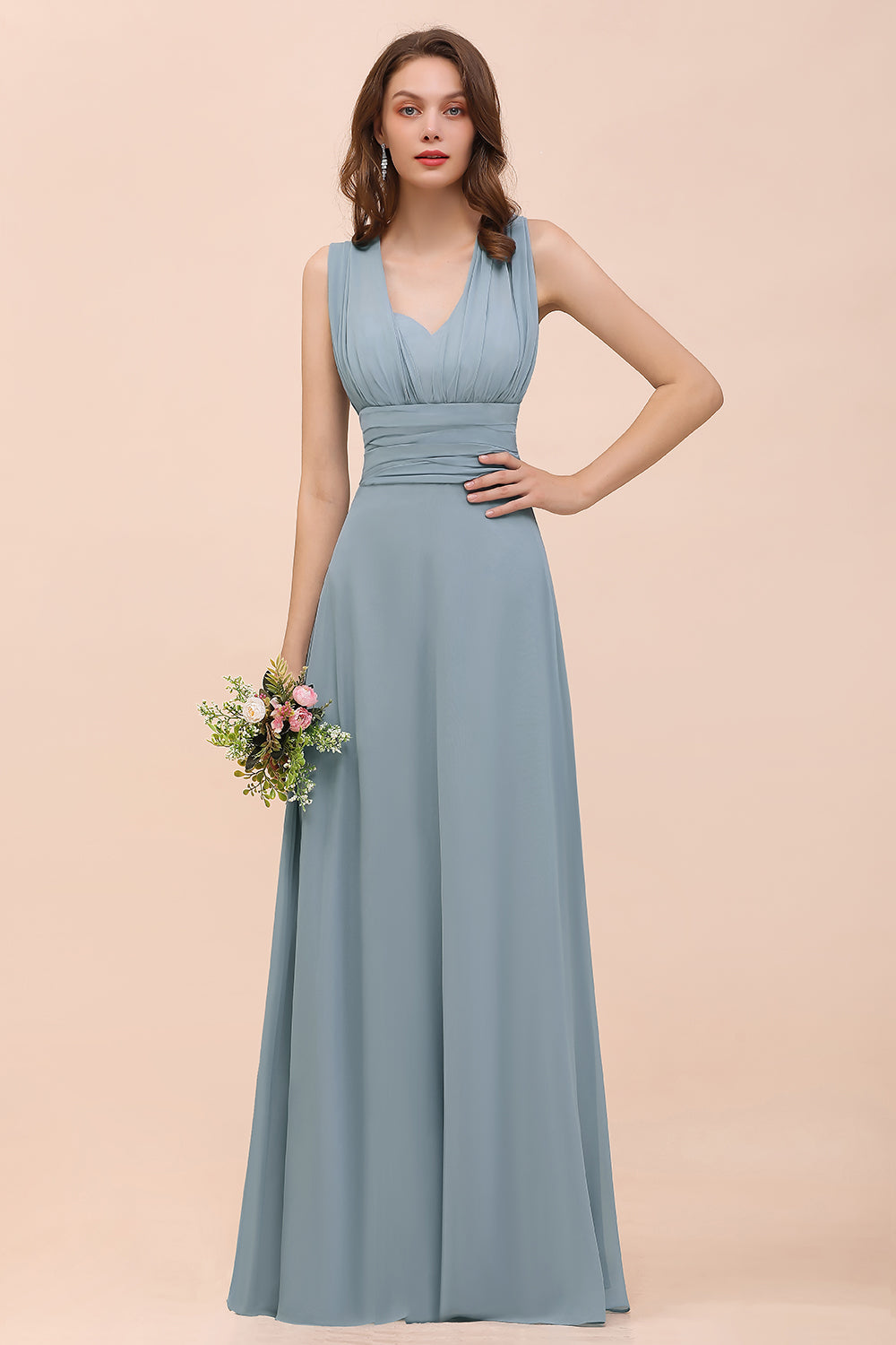 New Arrival Dusty Blue Ruched Long Convertible Bridesmaid Dresses