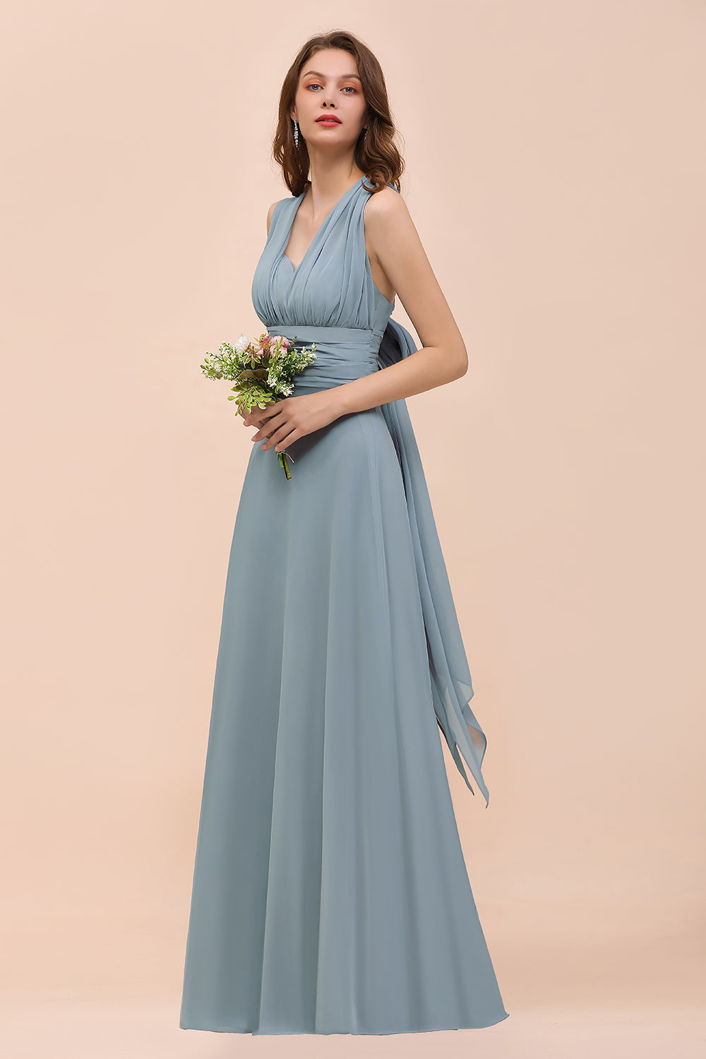 New Arrival Dusty Blue Ruched Long Convertible Bridesmaid Dresses