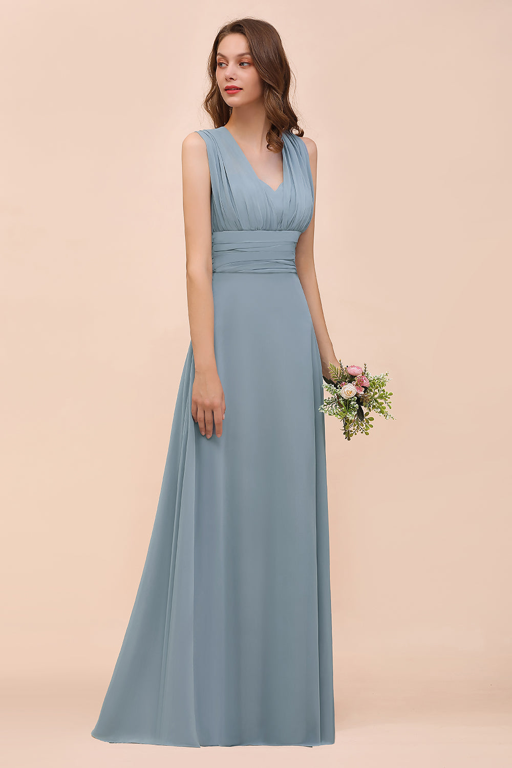 New Arrival Dusty Blue Ruched Long Convertible Bridesmaid Dresses