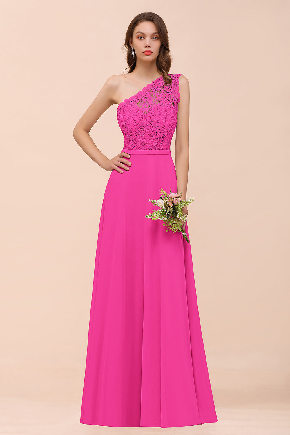 New Arrival Dusty Rose One Shoulder Lace Long Bridesmaid Dress