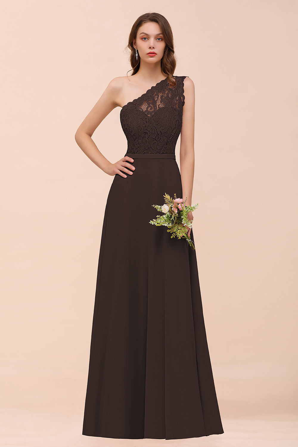 New Arrival Dusty Rose One Shoulder Lace Long Bridesmaid Dress