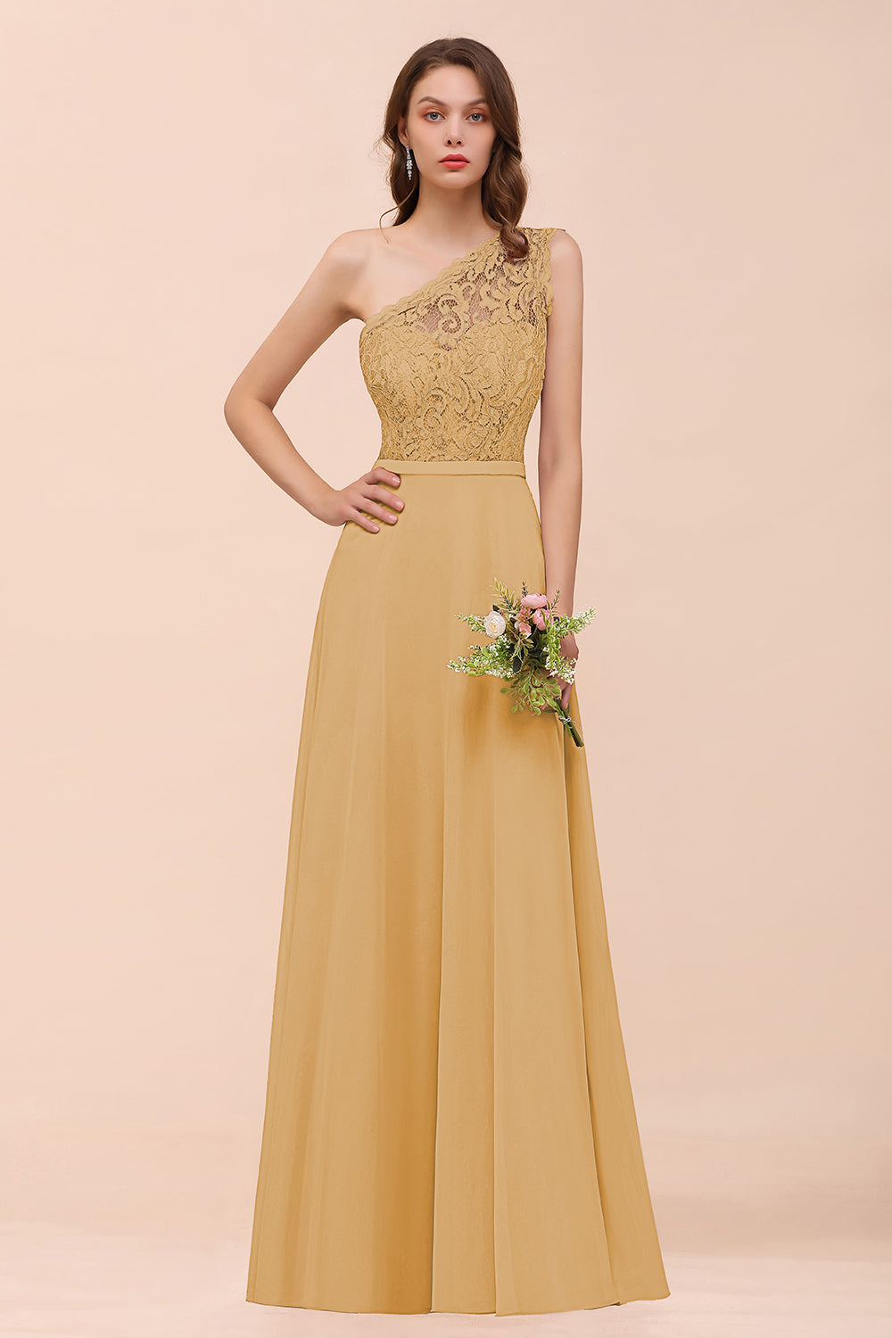 New Arrival Dusty Rose One Shoulder Lace Long Bridesmaid Dress