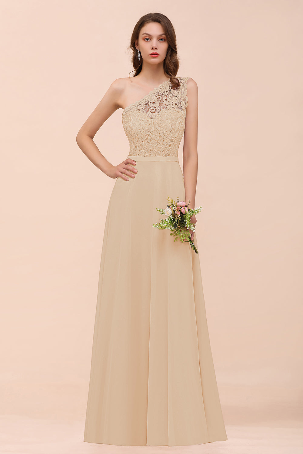 New Arrival Dusty Rose One Shoulder Lace Long Bridesmaid Dress