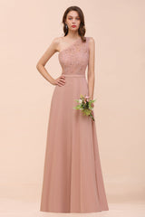 New Arrival Dusty Rose One Shoulder Lace Long Bridesmaid Dress