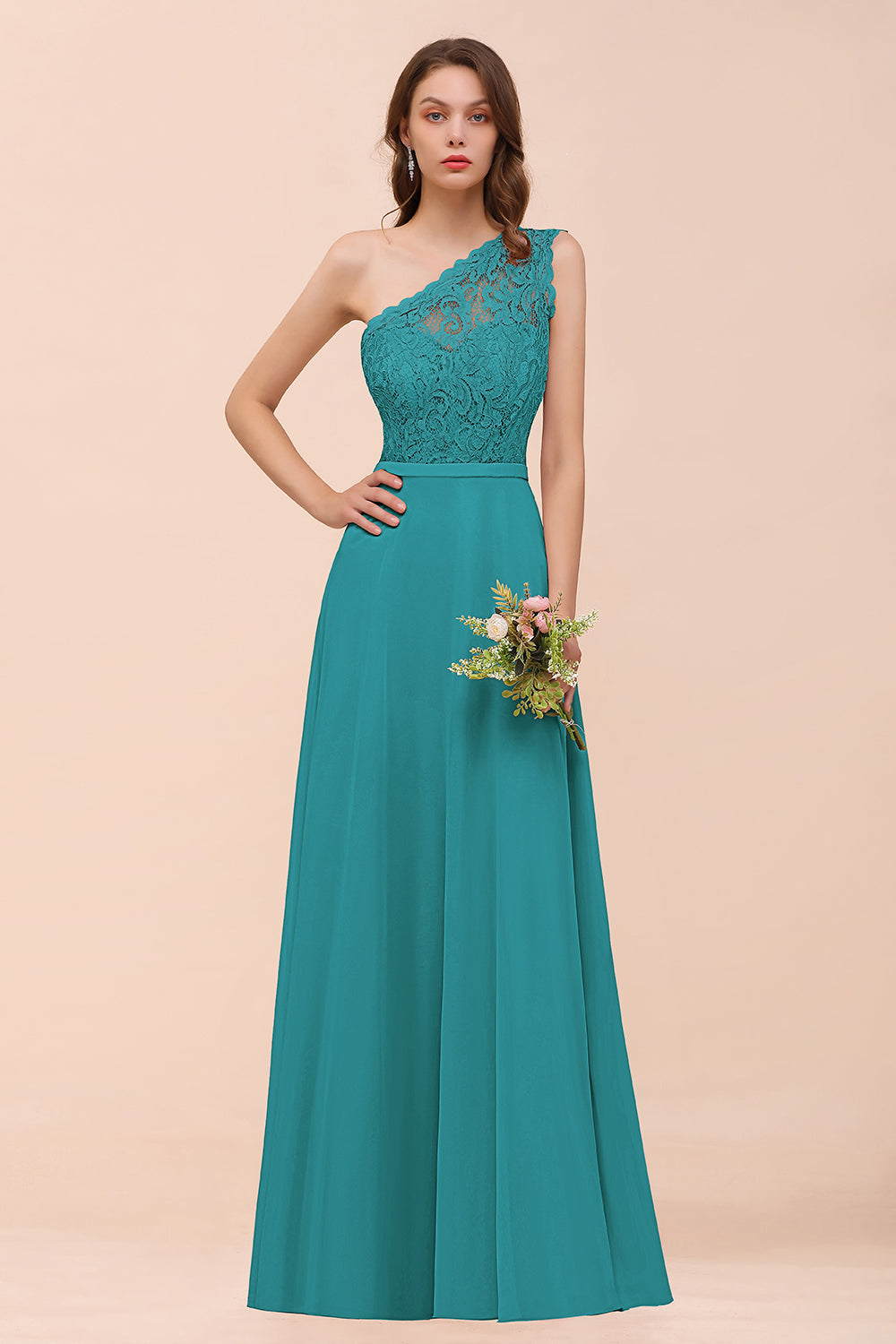 New Arrival Dusty Rose One Shoulder Lace Long Bridesmaid Dress