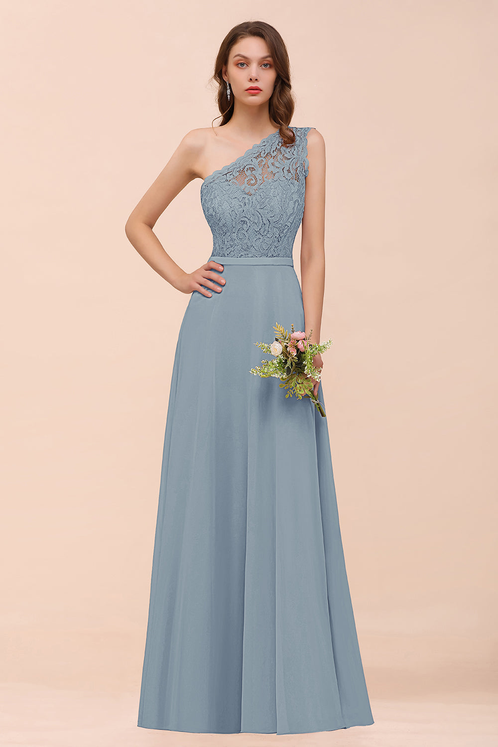 New Arrival Dusty Rose One Shoulder Lace Long Bridesmaid Dress