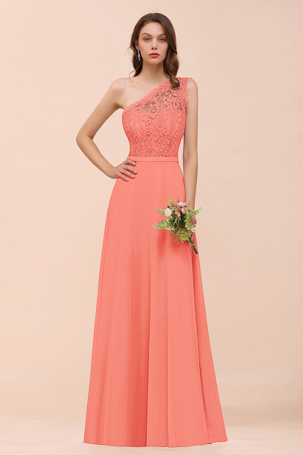 New Arrival Dusty Rose One Shoulder Lace Long Bridesmaid Dress