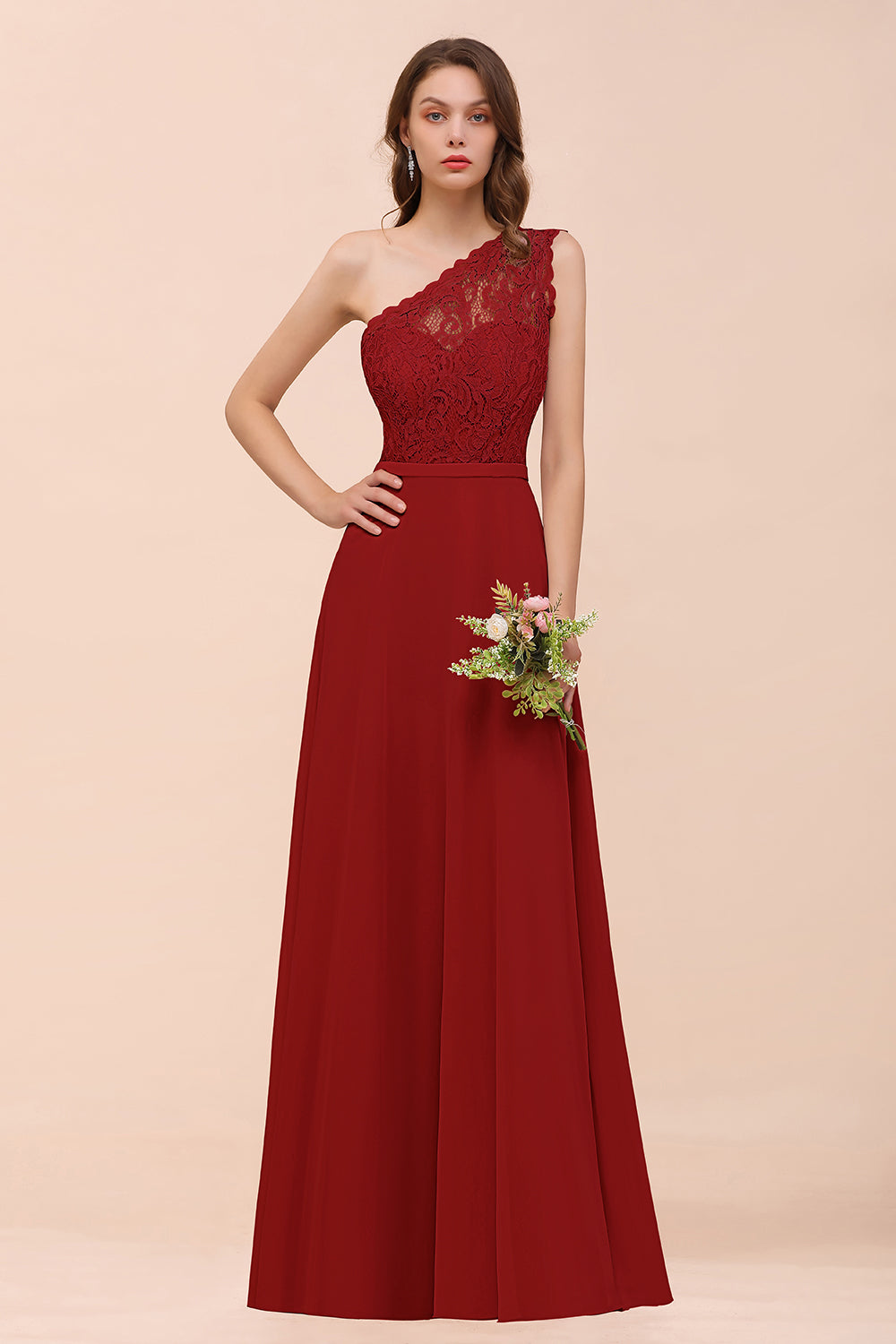 New Arrival Dusty Rose One Shoulder Lace Long Bridesmaid Dress