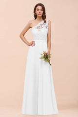 New Arrival Dusty Rose One Shoulder Lace Long Bridesmaid Dress