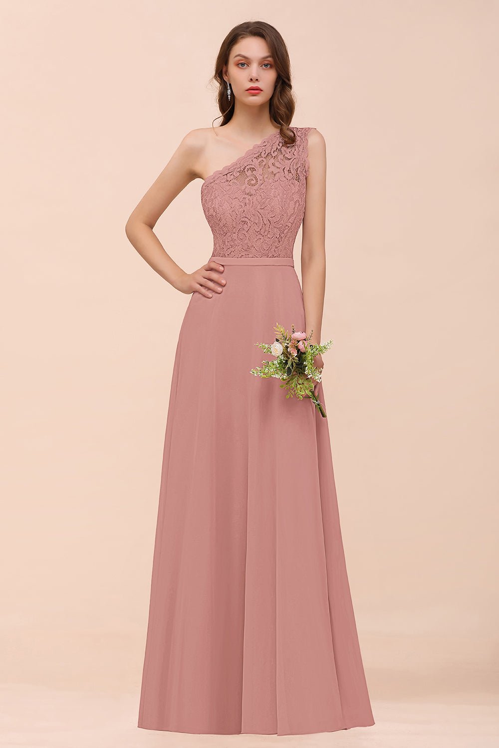 New Arrival Dusty Rose One Shoulder Lace Long Bridesmaid Dress