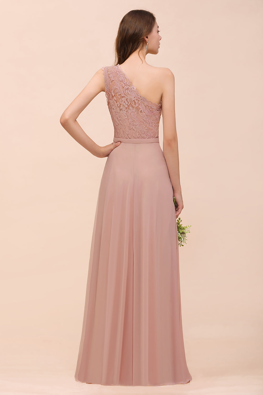 New Arrival Dusty Rose One Shoulder Lace Long Bridesmaid Dress