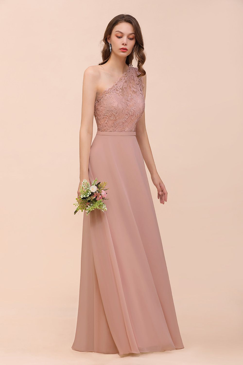 New Arrival Dusty Rose One Shoulder Lace Long Bridesmaid Dress