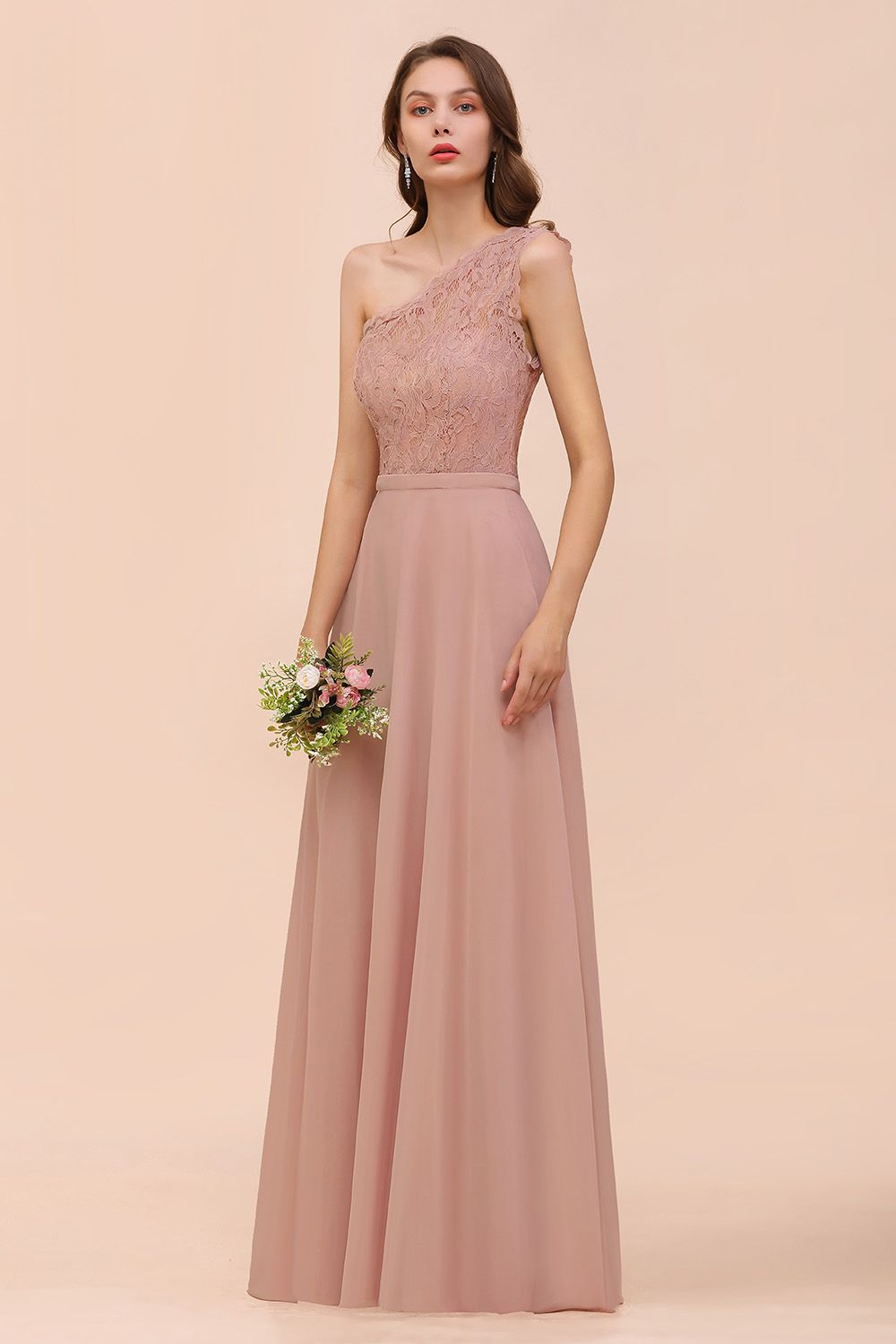 New Arrival Dusty Rose One Shoulder Lace Long Bridesmaid Dress