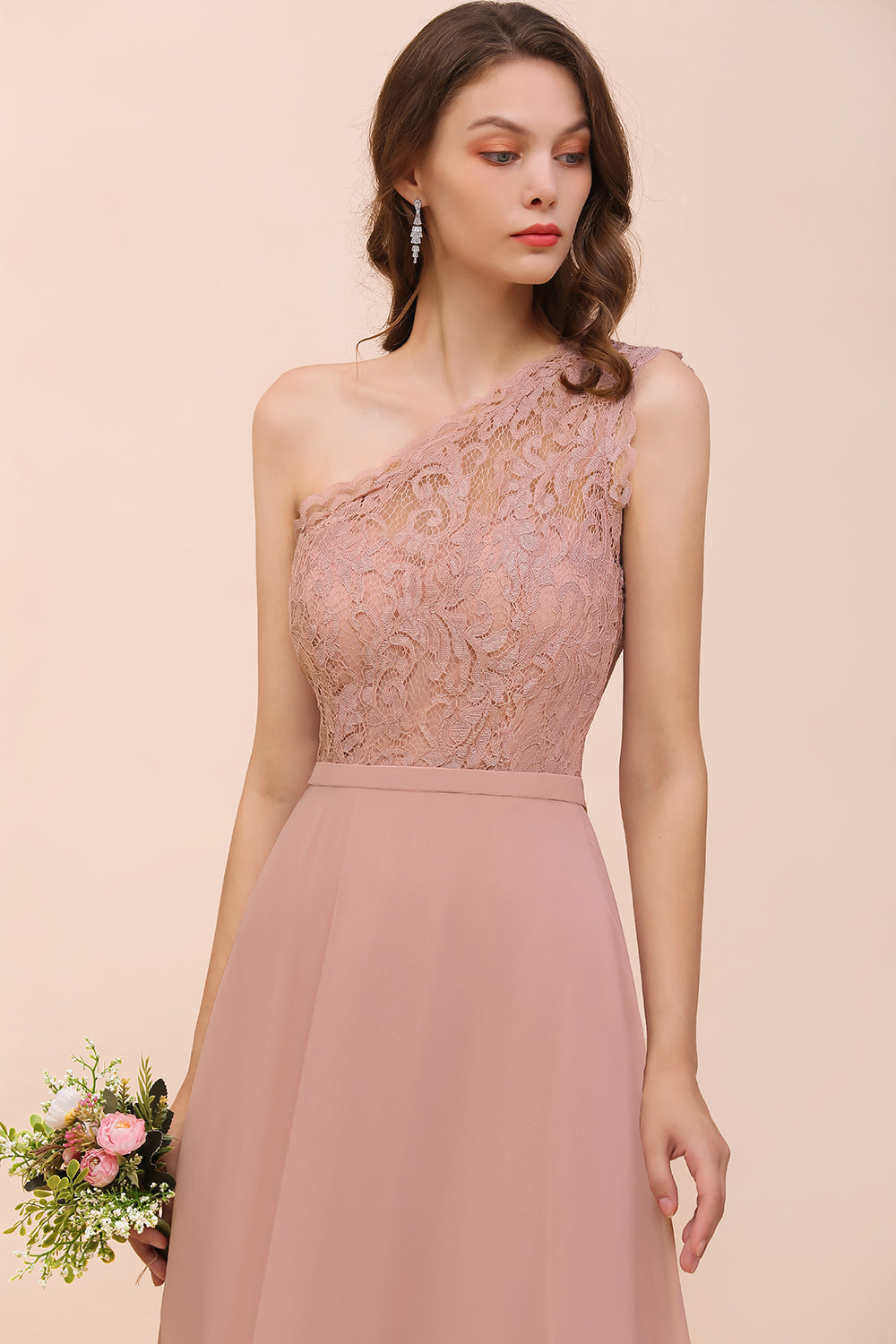 New Arrival Dusty Rose One Shoulder Lace Long Bridesmaid Dress