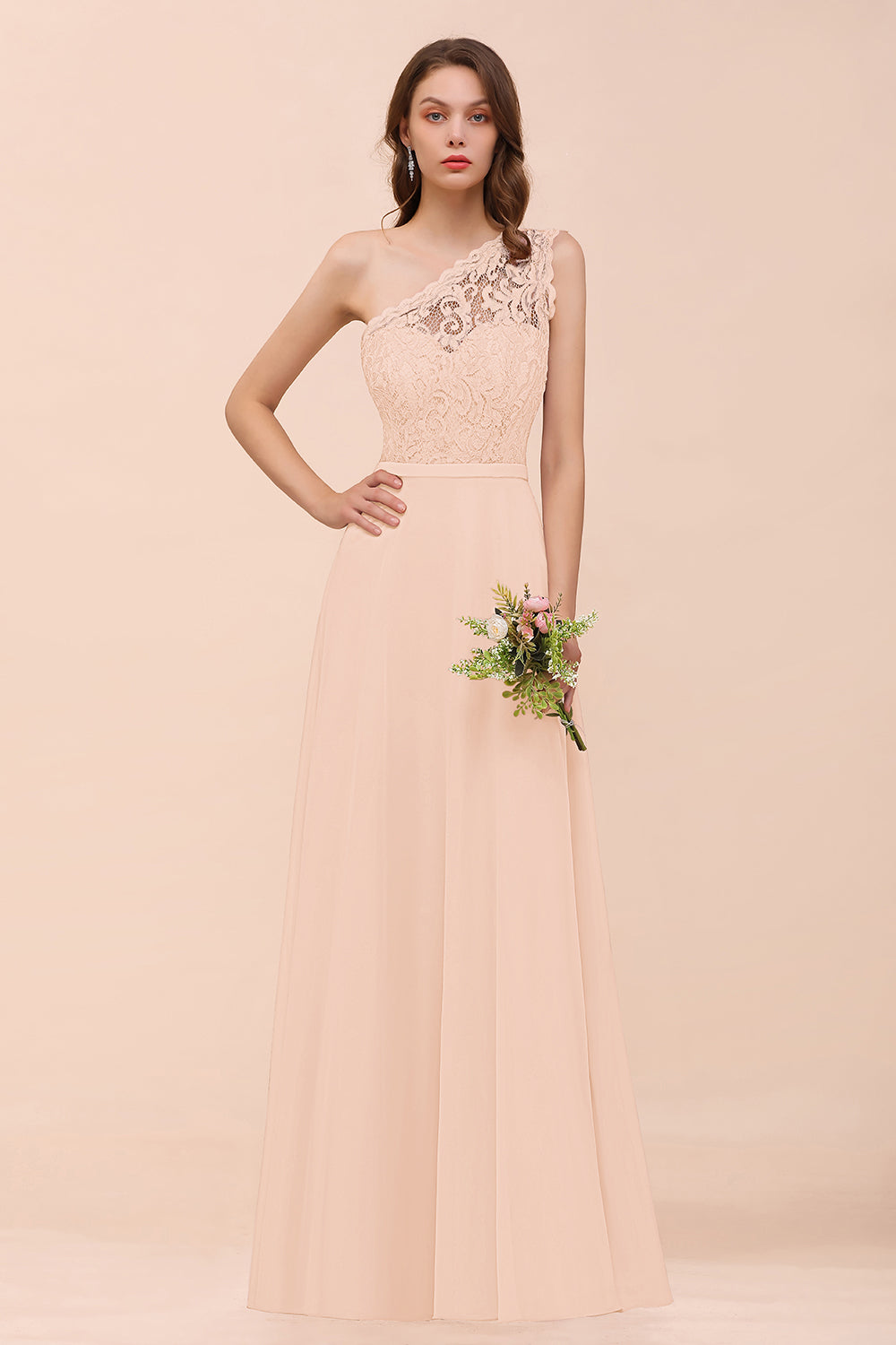 New Arrival Dusty Rose One Shoulder Lace Long Bridesmaid Dress