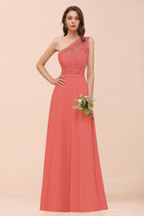 New Arrival Dusty Rose One Shoulder Lace Long Bridesmaid Dress