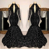  High Neck Black Prom Dress Mermaid Long Sleeve With Flowers Bottom